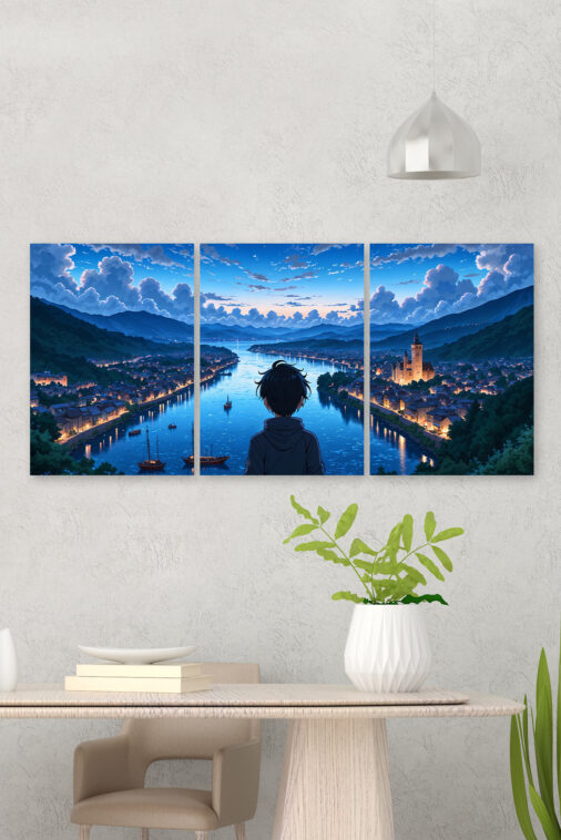 Anime Boy Looking at River Town Night Sky Poster The Uncollectible