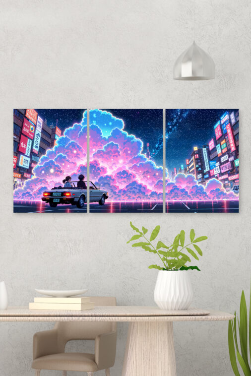 Anime Couple Driving Through City with Colorful Clouds Poster The Uncollectible