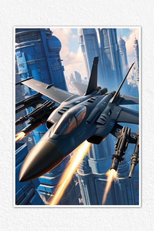 Futuristic Warrior Attacking Airplace Warcraft Poster Collection