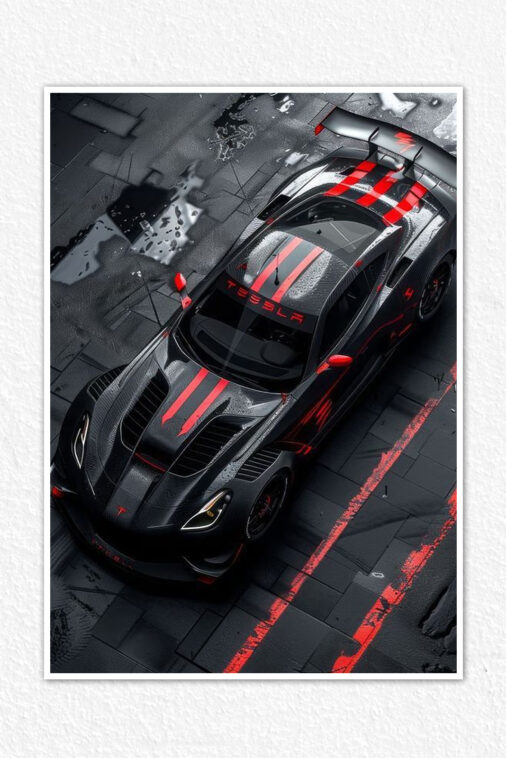 Stunning Black Tesla Red Strips Poster Cars Collection