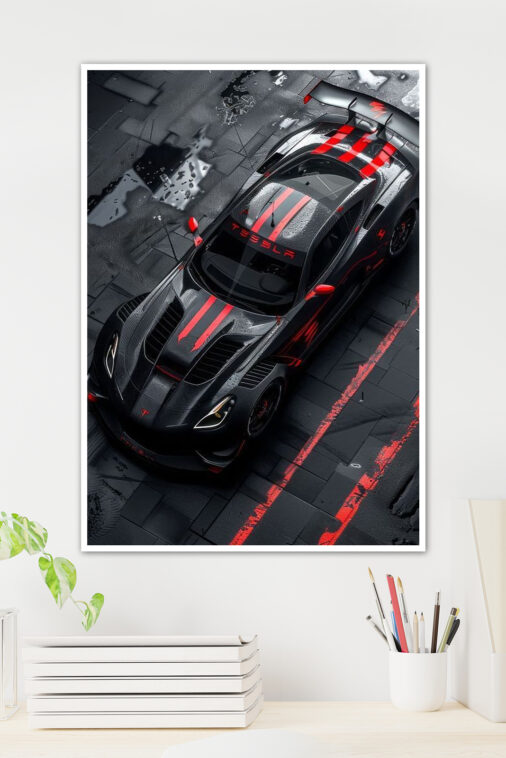 Stunning Black Tesla Red Strips Poster Cars Collection - Image 2